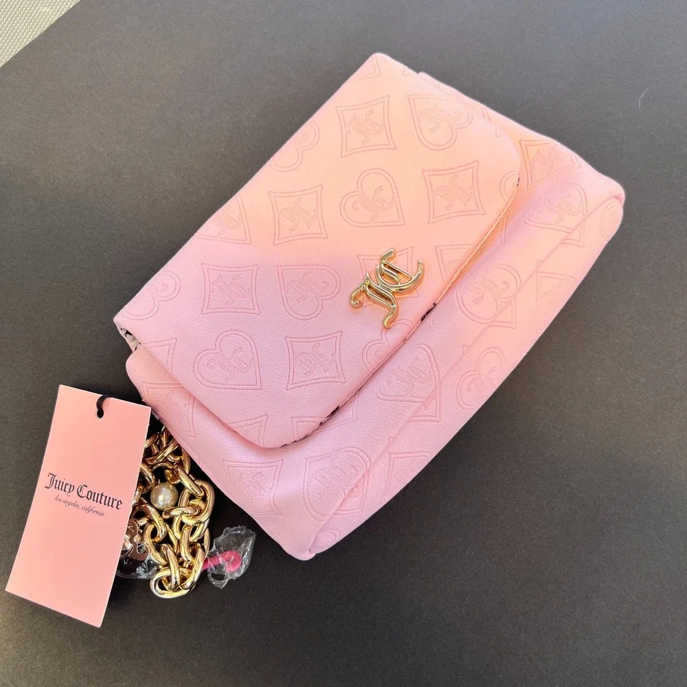Juicy Couture Pink Monogram Clutch Bag Wristlet Purse‎ Gold Chain Charm Y2K Soft - Picture 3 of 9